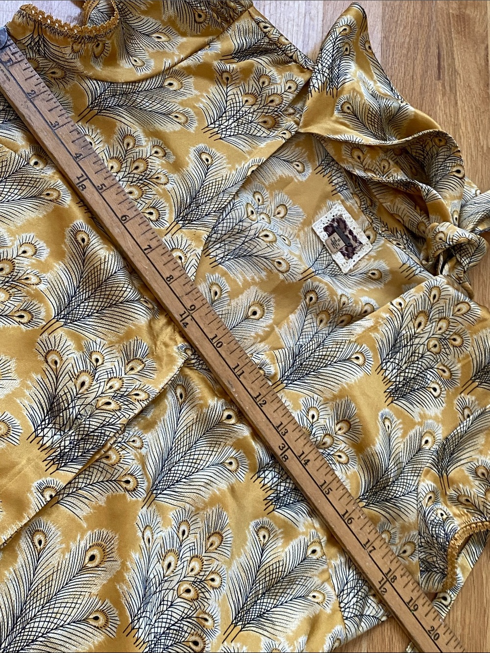 Free People Mustard Yellow Peacock-Print Tie-Neck Silk Blouse - Picture 12 of 13